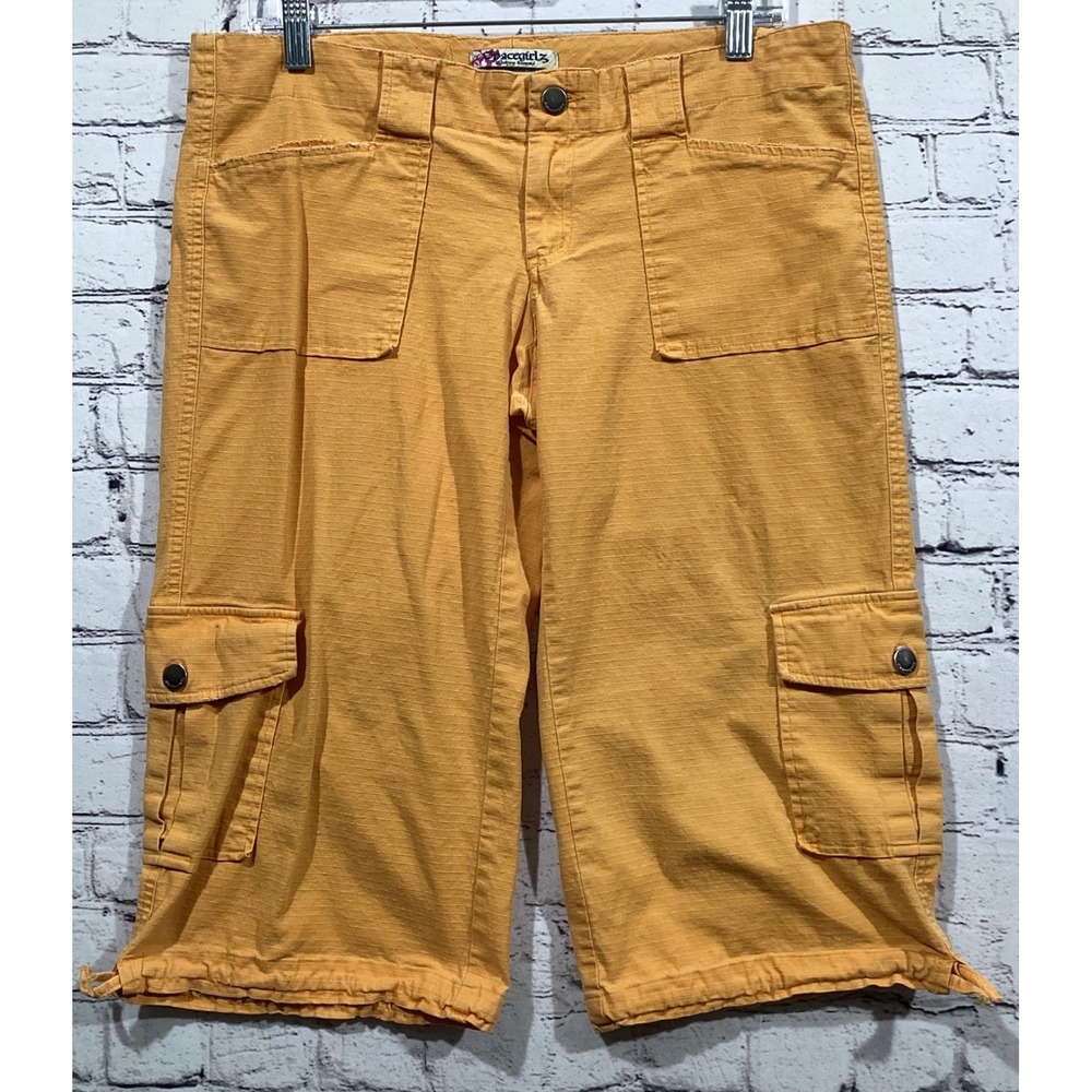 Spacegirlz Women Mustard Yellow Cargo Capri Pants Size 11 Y2K Utility Cropped